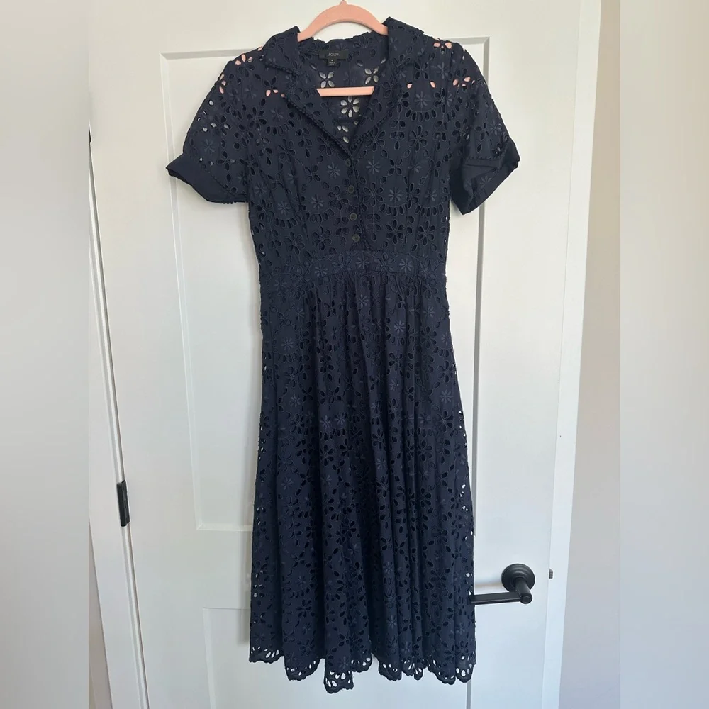 J. Crew Navy Embroidered Eyelet Midi Dress